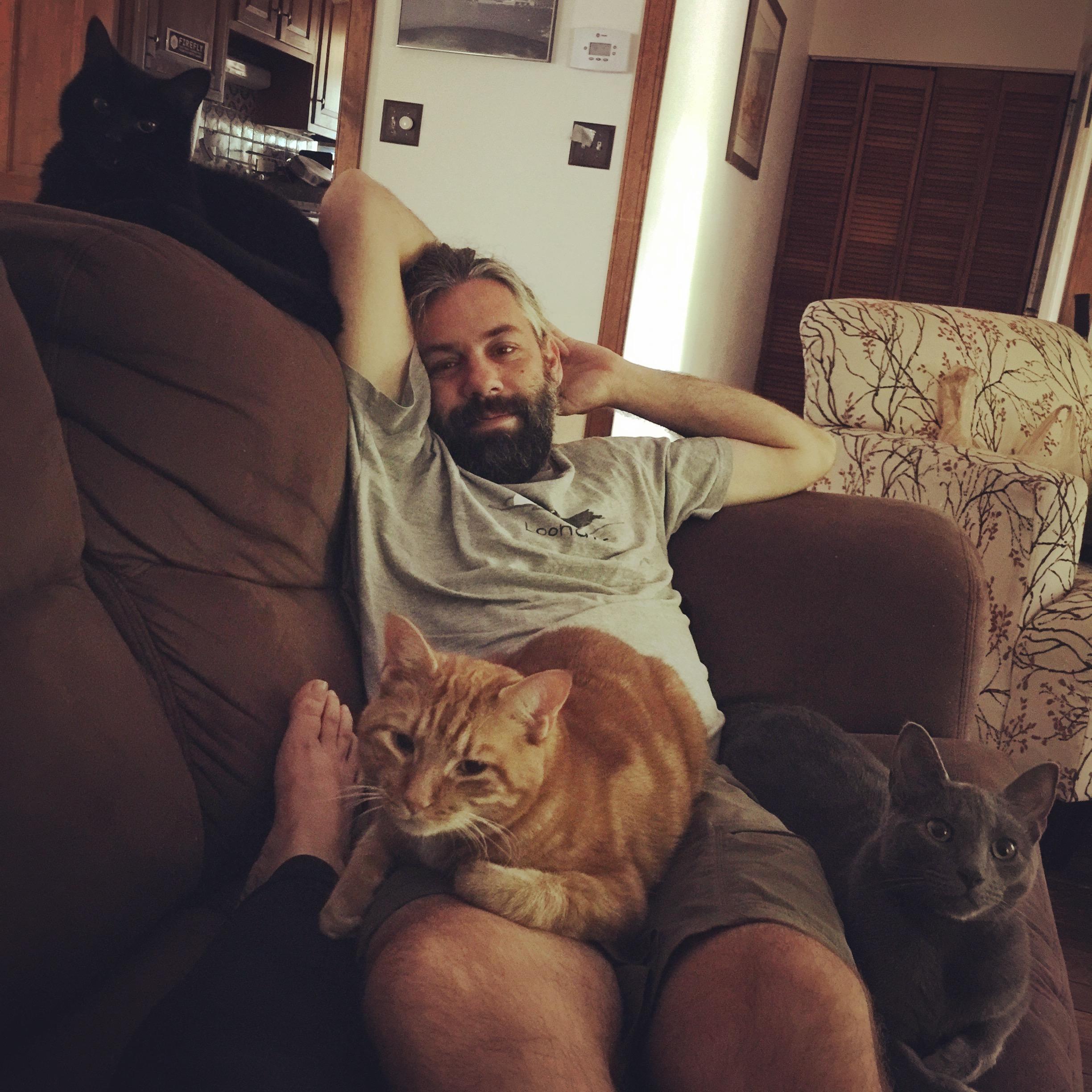 Brian with our three cats, Beezus, Henry, and Toby, a few months after we moved in together | September 2016