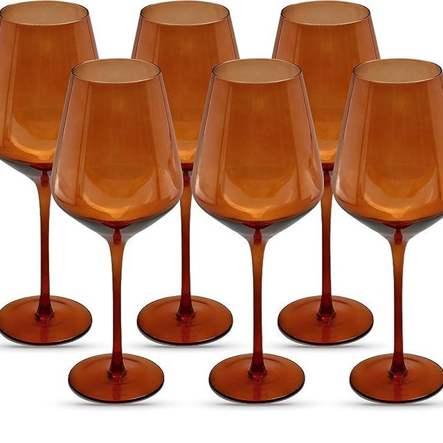 Saludi Dark Orange Leaf Wine Glasses, 16.5oz (Set of 6) Stemmed Dark Orange Leaf Glass - Great for all Wine Types and Occasions - Luxury, Durable, Hand-Blown