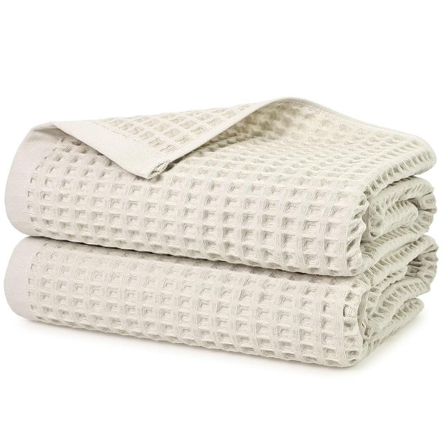 Jacquotha Waffle Bath Towels Set of 2 (Mist White) – Cotton, Quick Dry, Low Lint, 31” x 62” Large Towels for Bathroom Shower Spa Pool