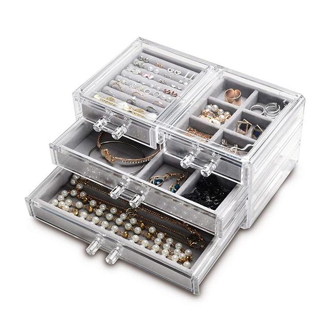 Acrylic Jewelry Box 4 Drawers,Clear Jewelry Organizer Velvet Rings Necklaces Earring Bracelets Display Case Stand Holder Tray for Women Girls (Gray)