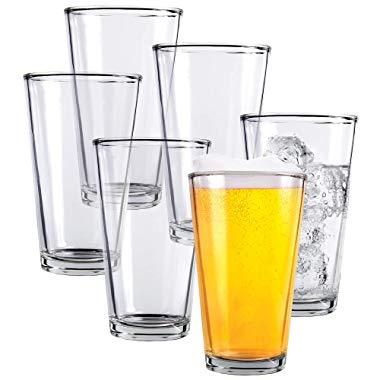 Clear Glass Beer Cups – 6 Pack – All Purpose Drinking Tumblers, 16 oz – Elegant Design for Home and Kitchen – Lead and BPA Free, Great for Restaurants, Bars, Parties – by Kitchen Lux
