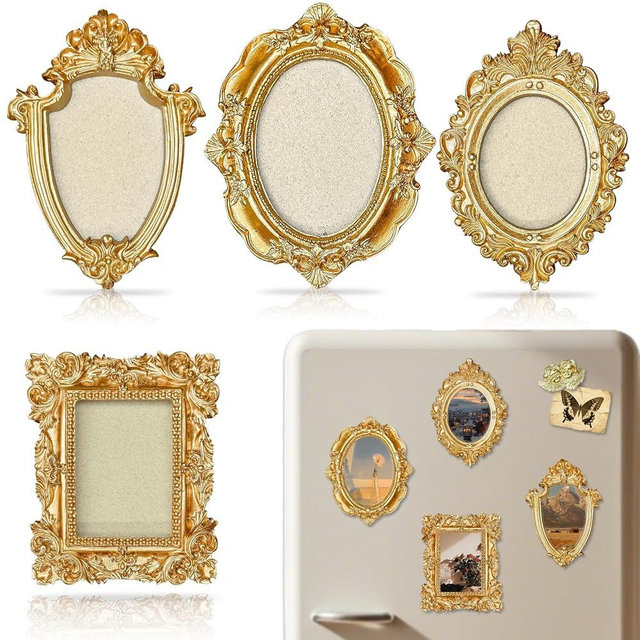 Zoorka 4 Pcs Magnetic Picture Frames for Refrigerator, Vintage Mini Gold Frames with Hooks and Rope for Hanging - A Baroque Victorian Decor Set with Small Angel - Elegant Miniature Art for Fridge, Gallery Wall, Shelf Display