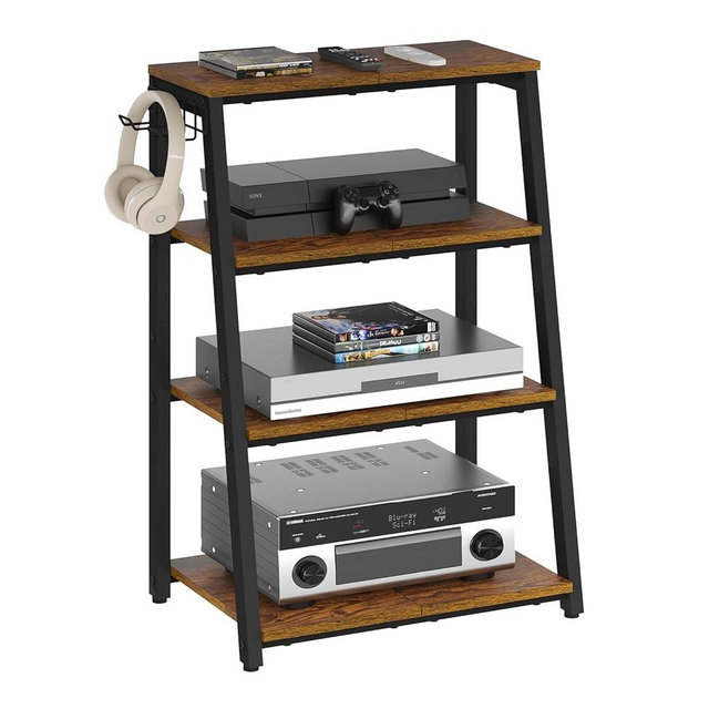 4-Tier AV Media Stand with 2 Hooks, Heavy Duty Stereo Cabinet Furniture - Stereo Rack and Game Console Stand, Wooden Record Player Stand, Audio Stand Perfect for DVD Players/Game Console/TV Box/Xbox