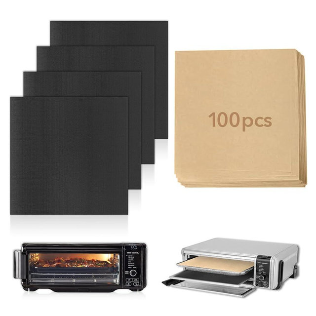 100pcs Air Fryer Paper and 4 pack Air Fryer Liners for Ninja Foodi SP101/SP201/SP301/SP351/SP151, Cuisinart, Emeril Lagasse & more,12"x12" Non-Stick Air Fryer Disposable Paper Liner