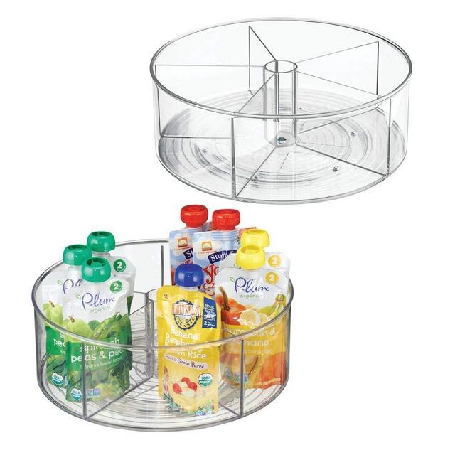 mDesign Divided Lazy Susan Turntable Storage Container for Kitchen Cabinet, Pantry, Refrigerator, Countertop Food Safe - Spinning Organizer for Kids/Toddler's Food Pouches - 5 Sections, 2 Pack - Clear