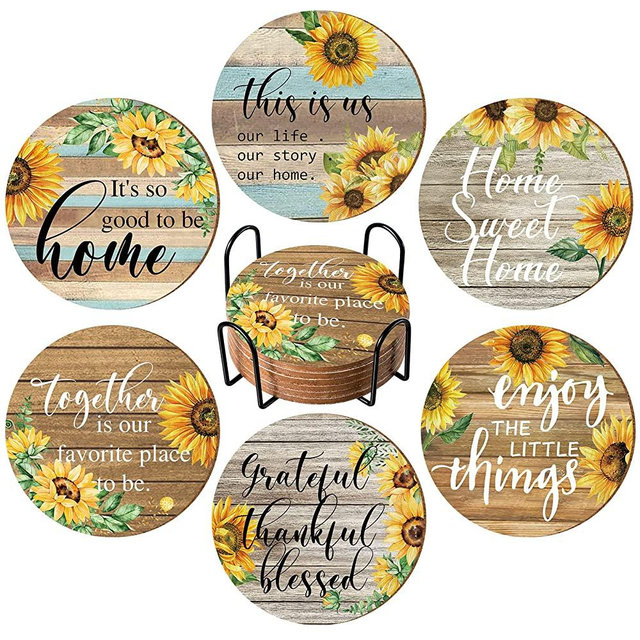 6 Pieces Vintage Sunflower Drink Coasters with Holder Sunflower Wood Drink Coasters Absorbent Coaster Housewarming Hostess Gifts for New Home Funny Drinks Coasters for Home Living Room Decor (Wood)