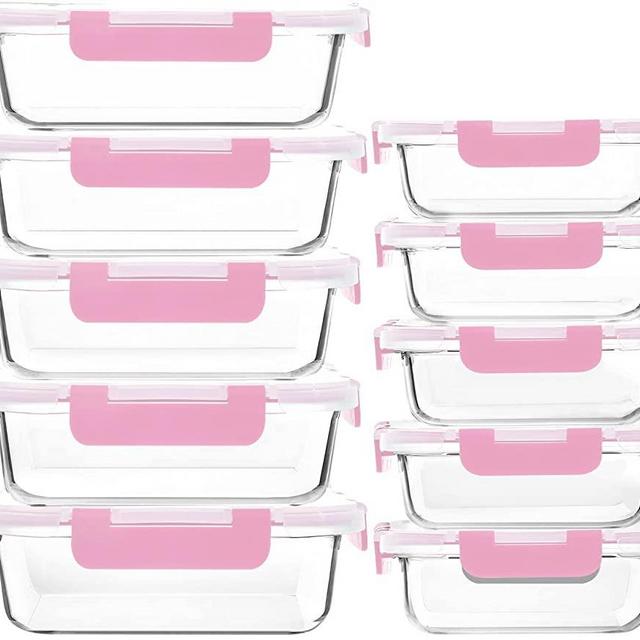 [10-Pack]Glass Meal Prep Containers with Lids, Glass Food Storage Containers with Lifetime Lasting Snap Locking Lids, Airtight Lunch Containers, Microwave, Oven, Freezer and Dishwasher Friendly, Pink
