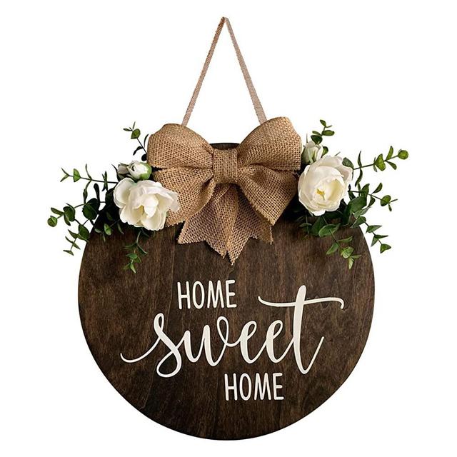 MayAvenue Home Sweet Home Wreaths Decor Sign Front Door, Round Wood Hanging Sign with Ribbon Bow and Artificial Green Leaves, Farmhouse Porch Decorations for Home Thanksgiving, Brown