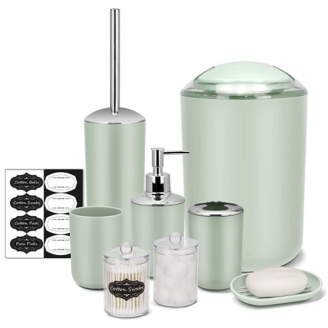 IMAVO Bathroom Accessory Set - 8 Pcs Green Bathroom Accessories Set with Trash Can, Soap Dispenser, Soap Dish, Toothbrush Holder, Toothbrush Cup, Toilet Brush Holder, Qtip Holder Dispenser with Labels