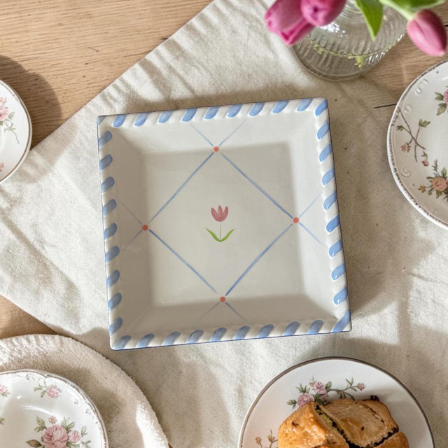 Vintage Avon Elegant Blooms Ceramic Serving Dish - 9" Square Platter - Floral Cottagecore Tray