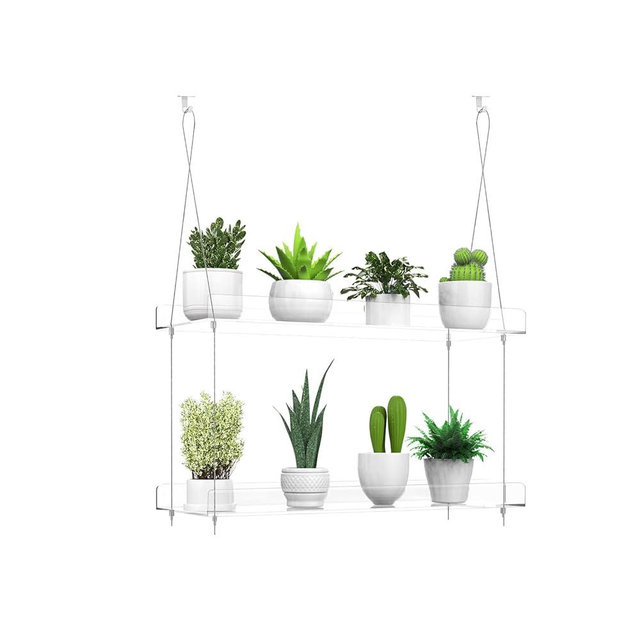 2-Tier Hanging Clear Plant Shelves for Windows, Acrylic Window Wall Plant Stand Shelf for Kitchen Indoor Gardens, Flower, Succulents, Herb, Seedling Organization, and Pots Display, 16 Inch per Tier