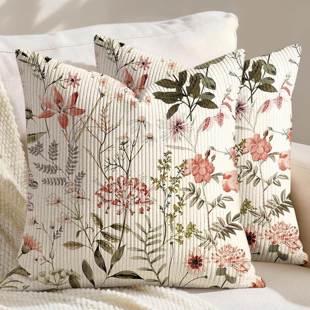 Kokaaee Corduroy Throw Pillow Covers 18x18 - Set of 2 Decorative Spring Pillow Covers with Zipper Retro Farmhouse Decor Textured Throw Pillowcases for Couch Sofa Living Room Home Bedroom, PK Floral