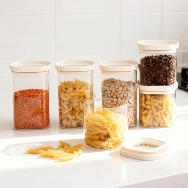 Urban Green Glass Food Storage Jar with Glass Lid in Square Shape, Food Canister Set with Airtight Lids, Pantry Jars for Kitchen Organization, Food Storage Containers in Set of 6