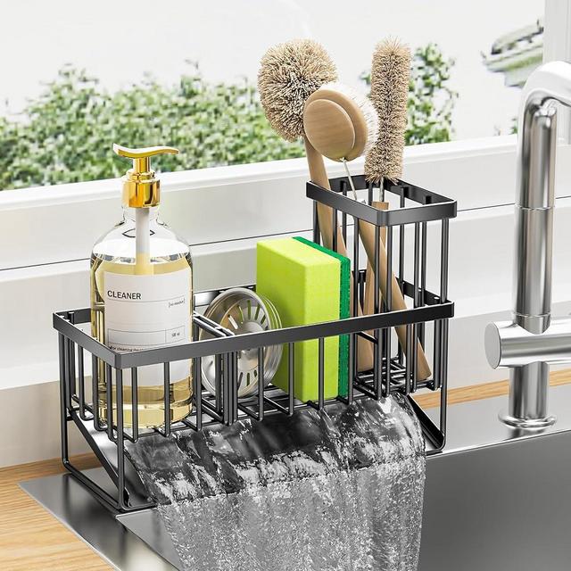 Cisily Sink Caddy Sponge Holder for Kitchen Sink, Kitchen Sink Caddy with High Brush Holder, Kitchen Sink Organzier Rustproof 304 Stainless Steel, Dish Sponge Organizer with Divider（Black）
