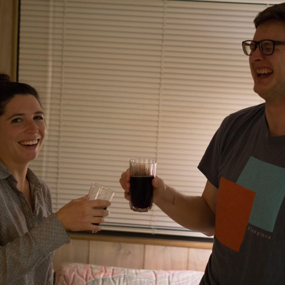 Ryan and Rosalie toast with a beloved Bossler Brothers Beverage, the "Kalimotxo" (trust us, it's good) - Florida - February 2018