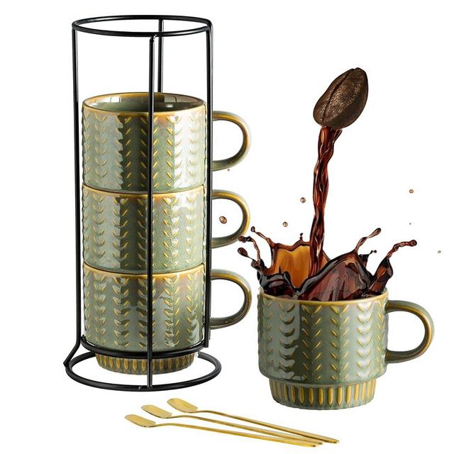 Miamolo Coffee Mugs Set of 4 with Spoons & Rack, Stackable Espresso Cups 13oz Coffee Mug for Drinks Latte Cappuccino Tea, Turkish Coffee Cup for Housewarming Wedding Gift, Dishwasher Safe