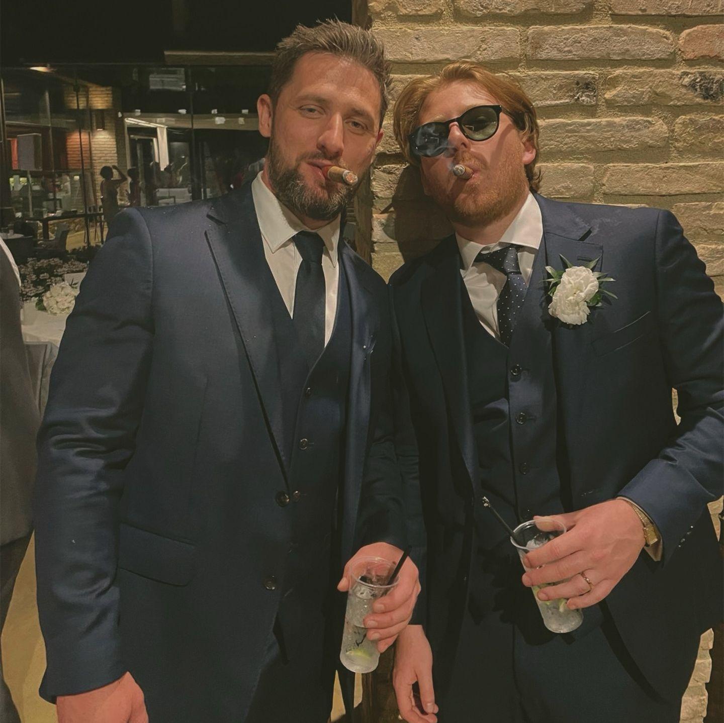The groom & Jake having a G&T and looking bad-ass at Jake & Char’s wedding celebration.
