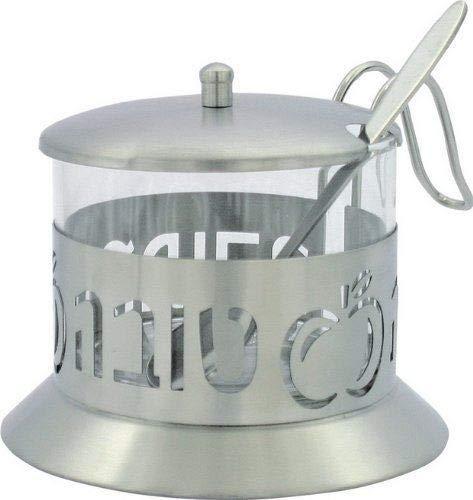 Stainless Steel and Glass Honey Dish by Art Judaica, With the Words A Good and Sweet Year in Hebrew