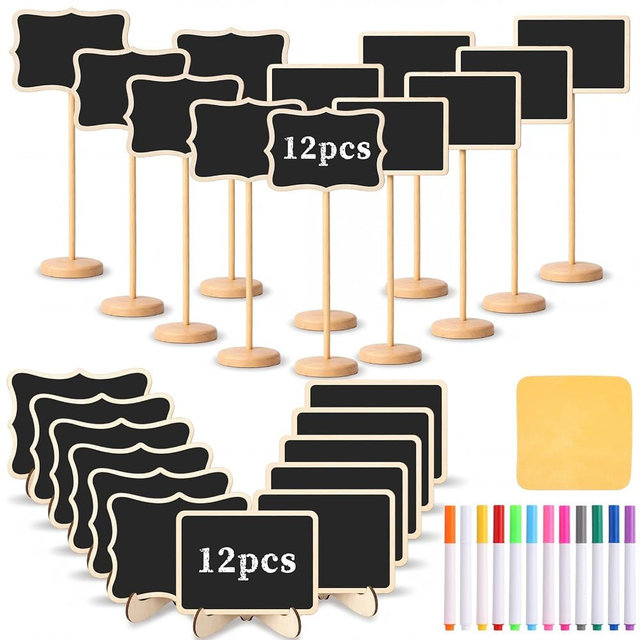 FunooFuno 24 Pack Mini Chalkboard Signs with Stand 12 Chalk Mini Rectangular Wave Small Chalkboard Combination for Food Signs Party Buffet Table Numbers Weddings Event Decorations