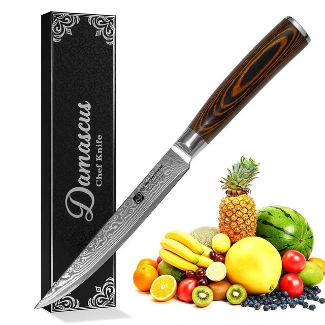 Damascus Utility Knife 5.5" Chef Knife Kitchen VG10 Stainless Steel Core 67-Layer Hand Forged Razor Sharp Edge Ergonomic Handle Precision Slicing Boning Trimming Carving Gift Idea