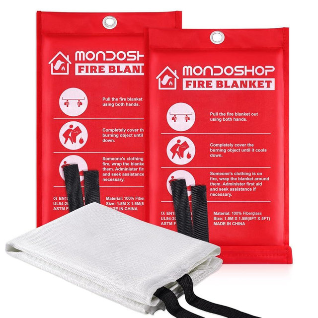 Mondoshop Fire Blanket Emergency for Home and Kitchen - 2 Pack 60"x60" Fire Blankets Fire Resistant Blanket for Camping, Grill, Car, Office, Warehouse, School, Picnic, Garages, Workshops