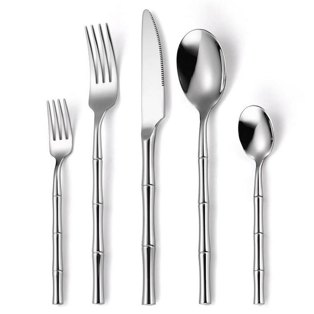20 Pieces Bamboo Flatware Set Silverware Set Service for 4 Stainless Steel Fine Vintage Flatware Cutlery Set with Bamboo Design Handle Forged Restaurant Hotel Party Wedding Housewarming Gift Polished
