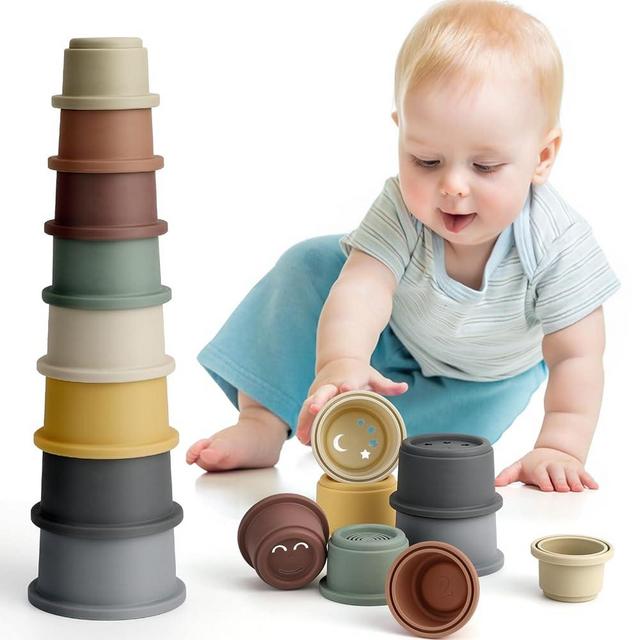 BOBXIN Stacking Cups Baby Building Toy, Nesting Cup Early Educational Toddlers Stacking Toy, 8 Pcs with Numbers & Pattern, Fun for Kid Baby 6-12 Months Play for Indoor/Outdoor/Bathtub/Beach