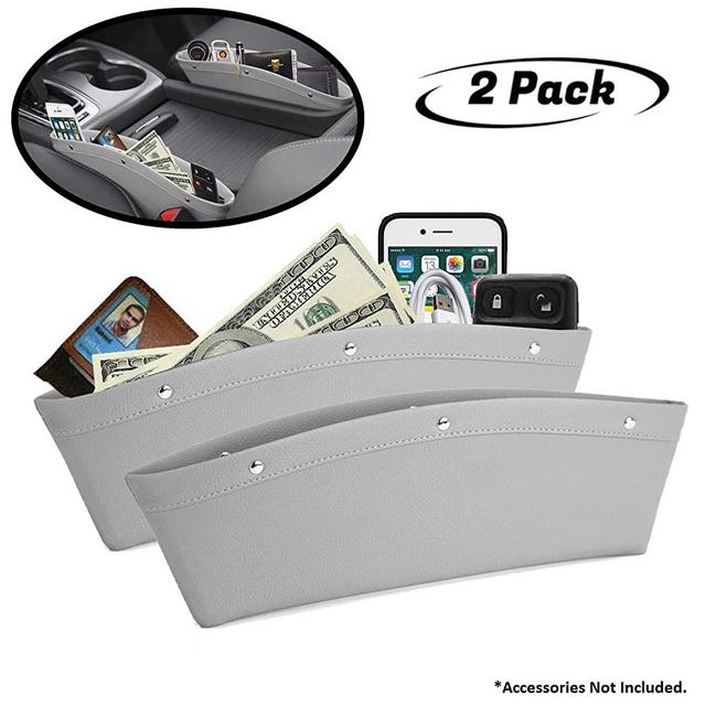 lebogner Between Car Seat Gap Filler Organizer, 2 Pack Grey PU Leather Side of Center Console Car Pocket for Phone, Coins and Keys, Multifunction Crevice Caddy Catcher, Vehicle Interior Accessories