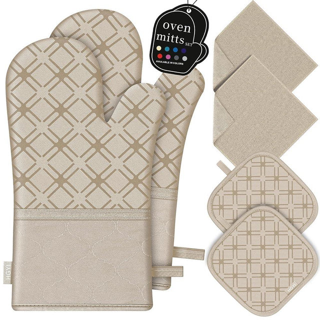 Oven Mitts and Pot Holders Set with Dishcloths, 500 Degree Heat Resistant Oven Gloves and Hot Pads, Premium Soft Cotton Kitchen Mittens and Dish Cloth Sets-Beige