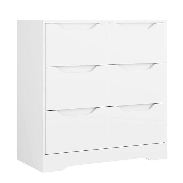 Modern 6 Drawer Dresser, Double Chest of Drawers with Storage, 3+3 Clothing Organizer with Cut-Out Handle, Dresser Chest, Wood Storage Cabinet for Living Room, Bedroom, Hallway, White