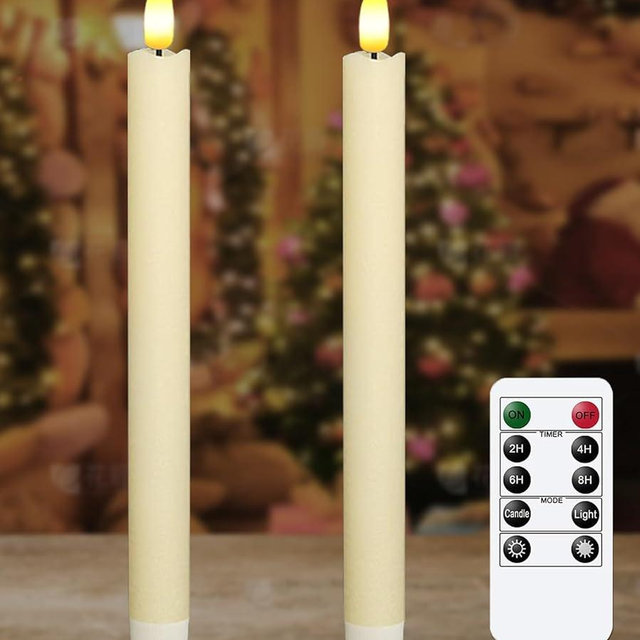 Upgraded Real Wax LED Flameless Taper Candles with Remote, KSWING 2 PCS Ivory Candlesticks Battery Operated 3D Flickering - 9.6" Long Realistic Fake Candle Sticks for Home/Wedding/Fireplace Xmas Decor