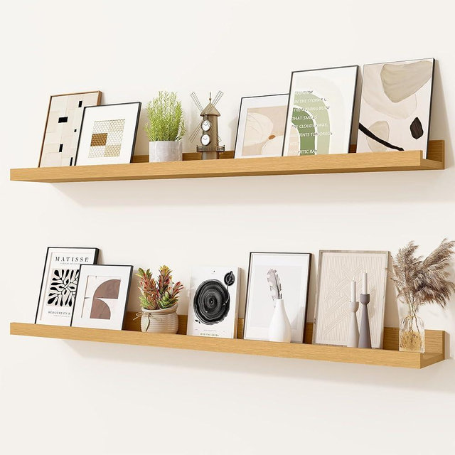 Heimlove Picture Ledge Shelf,36 inch Long Floating Shelves for Wall Set of 2,Picture Shelf with Lip for Wall Decor,Living Room,Bedroom,Bookshelf,Nursery,Perfume,Oak Color