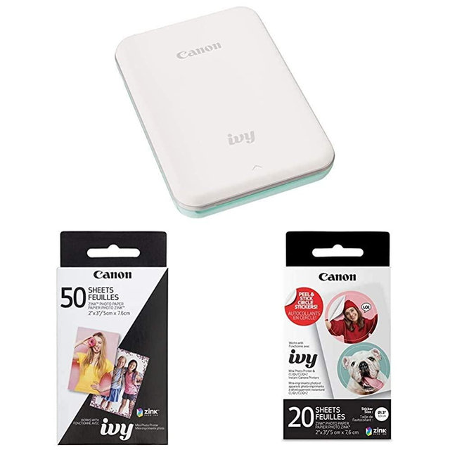 Canon Ivy Mobile Mini Photo Printer Through Bluetooth(R), Mint Green with Canon Zink Photo Paper Pack, 50 SheetsandCanon Zink Pre-Cut Circle Sticker Paper, 20 Sheets