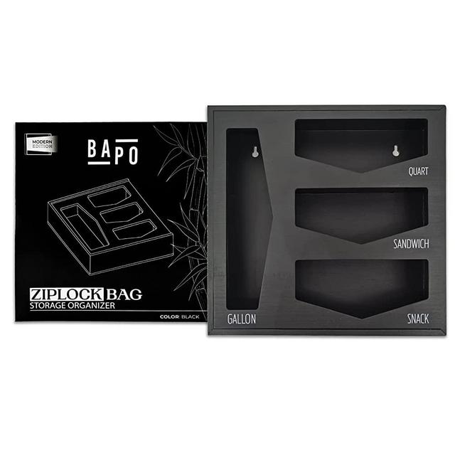 BAPO Ziplock Bag Organizer Modern Edition Black - Kitchen Drawer Organizer & Dispenser- Compatible with Ziploc, Glad, Hefty for Gallon, Quart, Sandwich & Snack Variety Size Bags- Gift for Home
