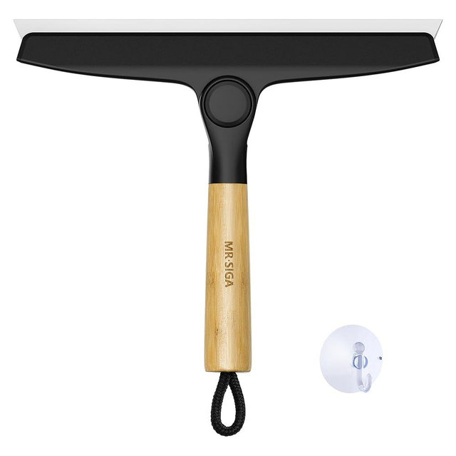 MR.SIGA All Purpose Silicone Squeegee for Shower Door, Mirror, Glass, Streak Free Shower Squeegee, Pivoting Bamboo Handle, Includes 1 Suction Hook, 10 inch Wide, Black, 1 Pack
