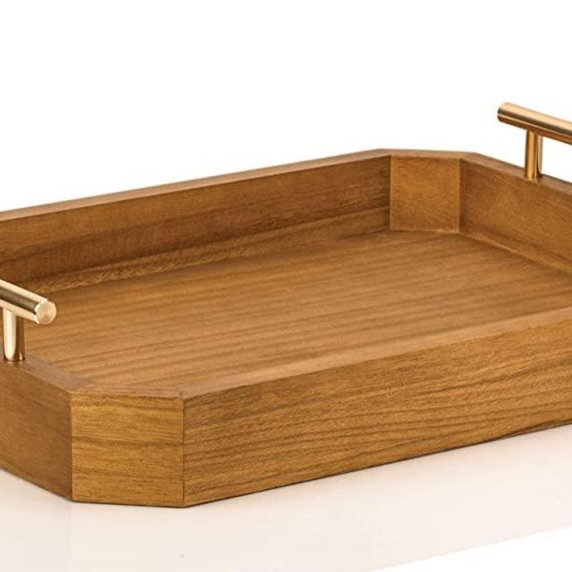 Jasius Wooden Ottoman Serving Tray - Paulownia Wood Platter Board with Gold Metal Handles for Breakfast in Bed, Coffee, Fruit Container - Decorative Rustic Farmhouse Table Decor - 16.3x12.2x2 inch