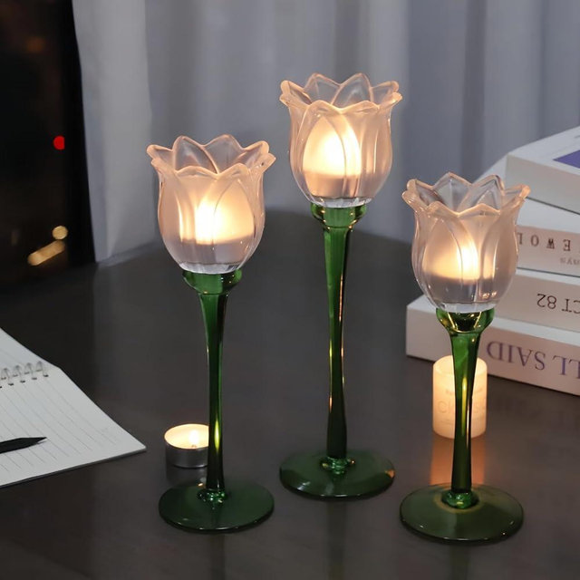 VOHO Frosted White Flower Candle Holder Set of 3, Romantic Frosted Glass Tulips Tealight Candle Holder Decor for Wedding Gifts, Tulip Tall Votive Candle Holders for Centerpiece Table Decorations Party
