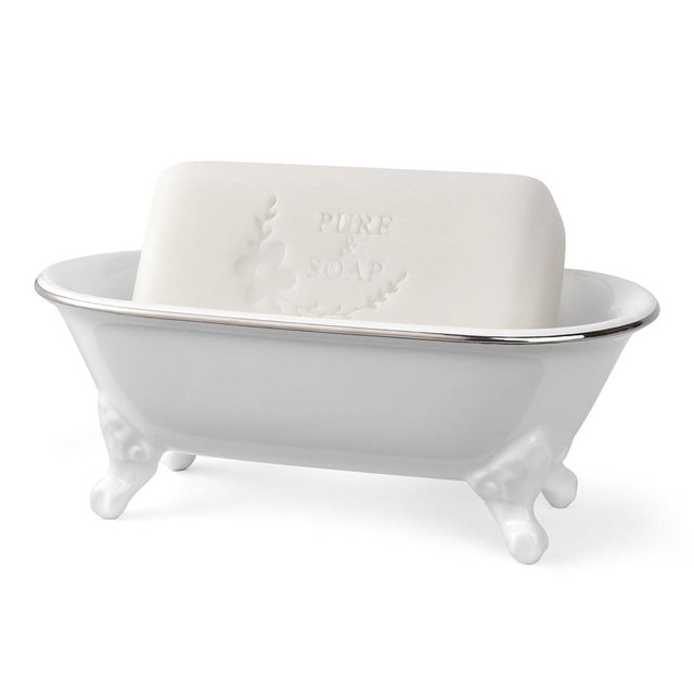 NEWHENGS 6.5" Ceramic Mini Decorative Clawfoot Bathtub Bar Soap Dish, Kitchen Sponge Holder and Shower Tray for Bathroom, 1 Pack (White Silver Rim)