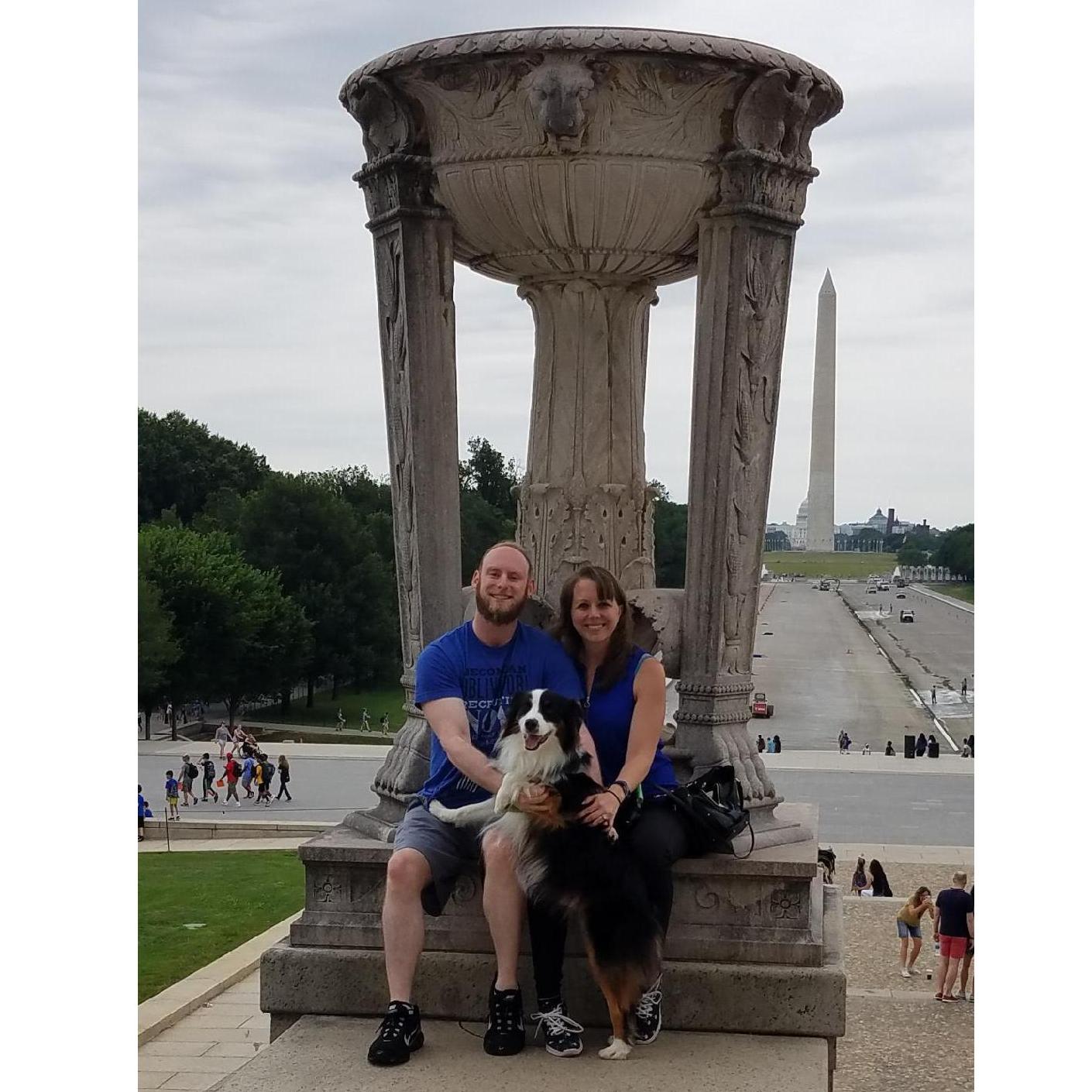 Outside of the Lincoln Memorial: celebrating our engagement!