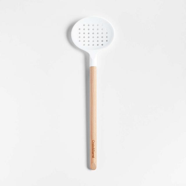 Crate & Barrel Wood and White Silicone Slotted Spoon