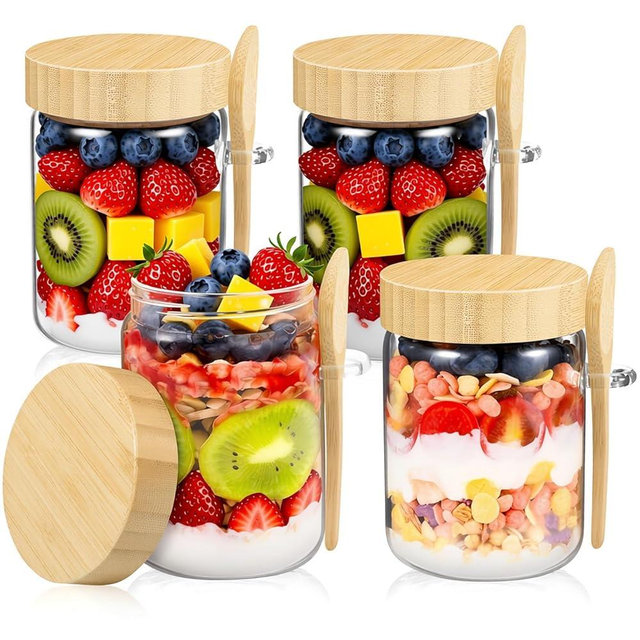 Yomarket 16 Oz Overnight Oats Containers with Bamboo Lids 4 Pack Mason Glass Jars with Airtight Lids and Spoons Food Containers Storage for Meal Prep Chia Pudding Snacks Yogurt Sugar Spice