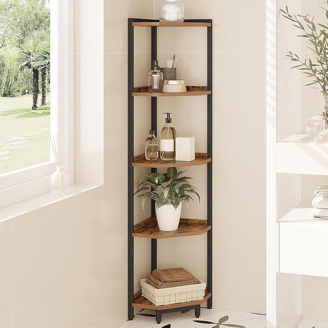 Hzuaneri Corner Shelf Stand, Corner Bookshelf, Storage Standing Shelf Unit with Metal Frame, Plant Stand, Bookcase for Living Room, Home Office, Bedroom, 5-Tier Rustic Brown CS05901B