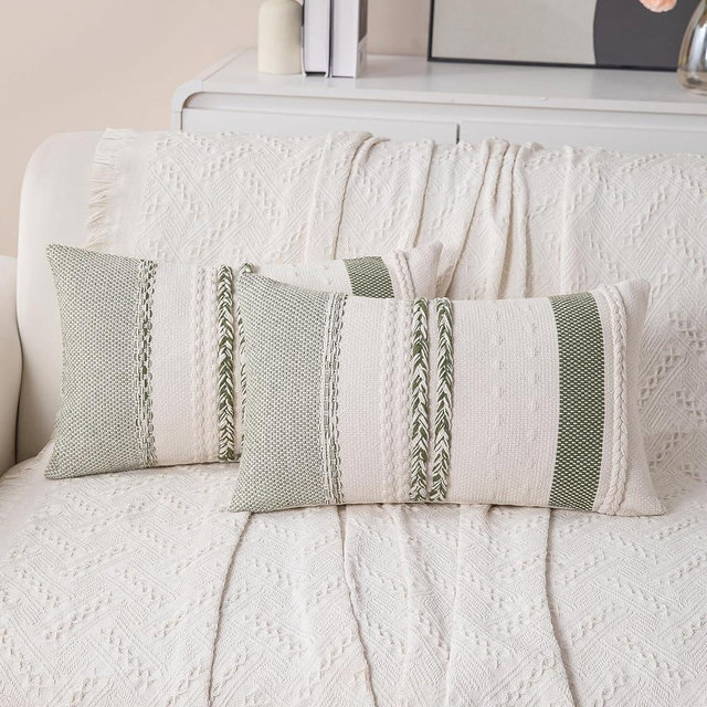 CATOLAT Boho Lumbar Pillow Covers Set of 2-12x20 Inch Sage Green Striped Decorative Farmhouse Coastal Accent Long Boho Throw Pillows for Couch, Neutral Textured Pillowcases for Bed, Sofa Home Decor