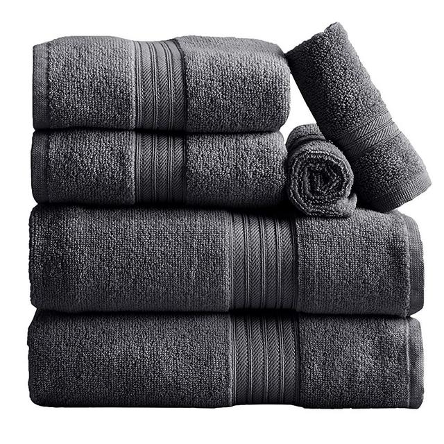 6-Piece Towel Set. 100% Cotton Bathroom Towels. Absorbent Quick-Dry Plush Towels. Set Includes 2 Bath, 2 Hand, and 2 Wash. (6 Piece Set, Dark Grey)