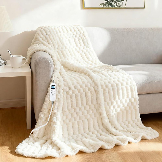 Eastsora Heated Blanket Flannel Throw Blanket, 50"X 60" Electric Heating Blanket with ETL & FCC & 12 Heating Levels & Auto Shut Off，Machine Washable (Milky White)