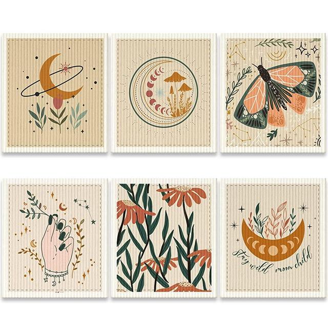 6 Pcs Kitchen Dishcloths Multi Purpose Kitchen Towel Flower Absorbent Dish Towels Soft Reusable Cleaning Dish Cloths Washable Decorative Tea Towels Bar Hand Towel (Boho)