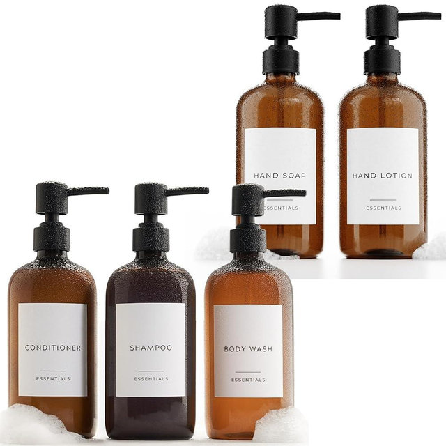 Stylish Soap Dispenser Set of 2 and Shampoo and Conditioner Dispenser Set of 3 Bundle - Easy to Refill Dispensers for an Instant Bathroom Decor Upgrade