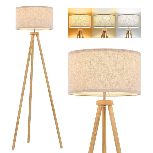 ELYONA Wood Tripod Floor Lamp for Living Room, Nordic Standing lamp with 3 Color Temperatures LED Bulb Included & Beige Linen Shade, Footswitch, Tall lamp for Bedroom, Office, Study Room, Natural Wood