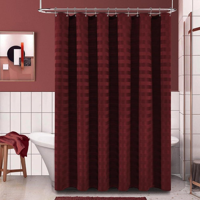 PANGSINNE Elegant Burgundy Fabric Shower Curtain - Striped Heavy Duty Cloth Curtains for Bathroom, 230GSM Hotel Spa Luxury Weighted Polyester Bath Curtain Set with 12 Hooks 72Wx72H