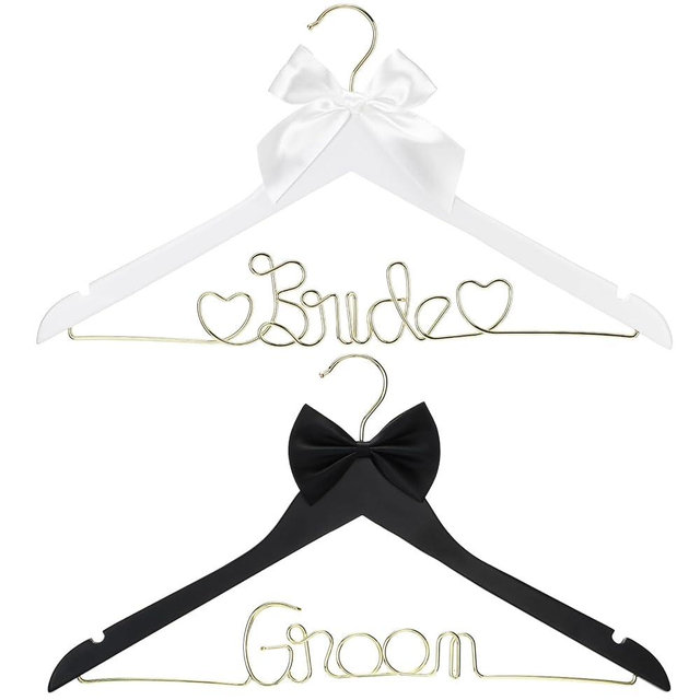 Beeveer 2 Pcs Wire Bride Hanger and Groom Wedding Wooden Hanger with Letter and Bow Tie for Tuxedo Suit Bridesmaid Bridal Wedding Gift Bridal Party Shower